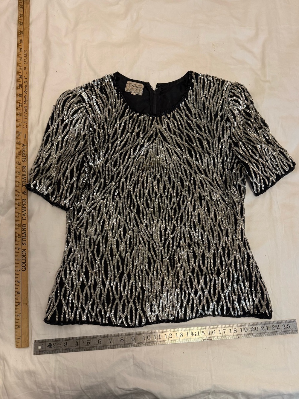 Stenay Black Short-Sleeve Sequin Top with Silver Embellishment